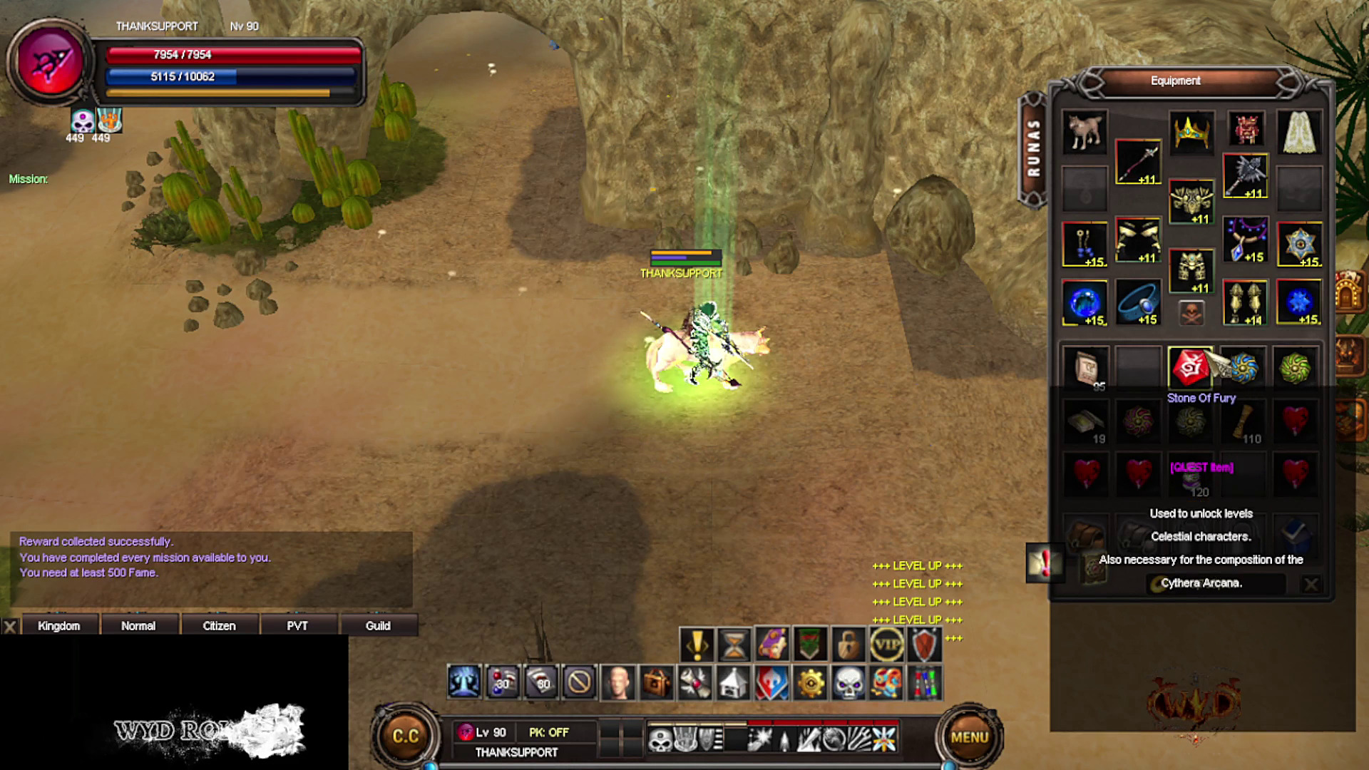 "Level 90 unlocked successfully" and the Stone Of Fury.
