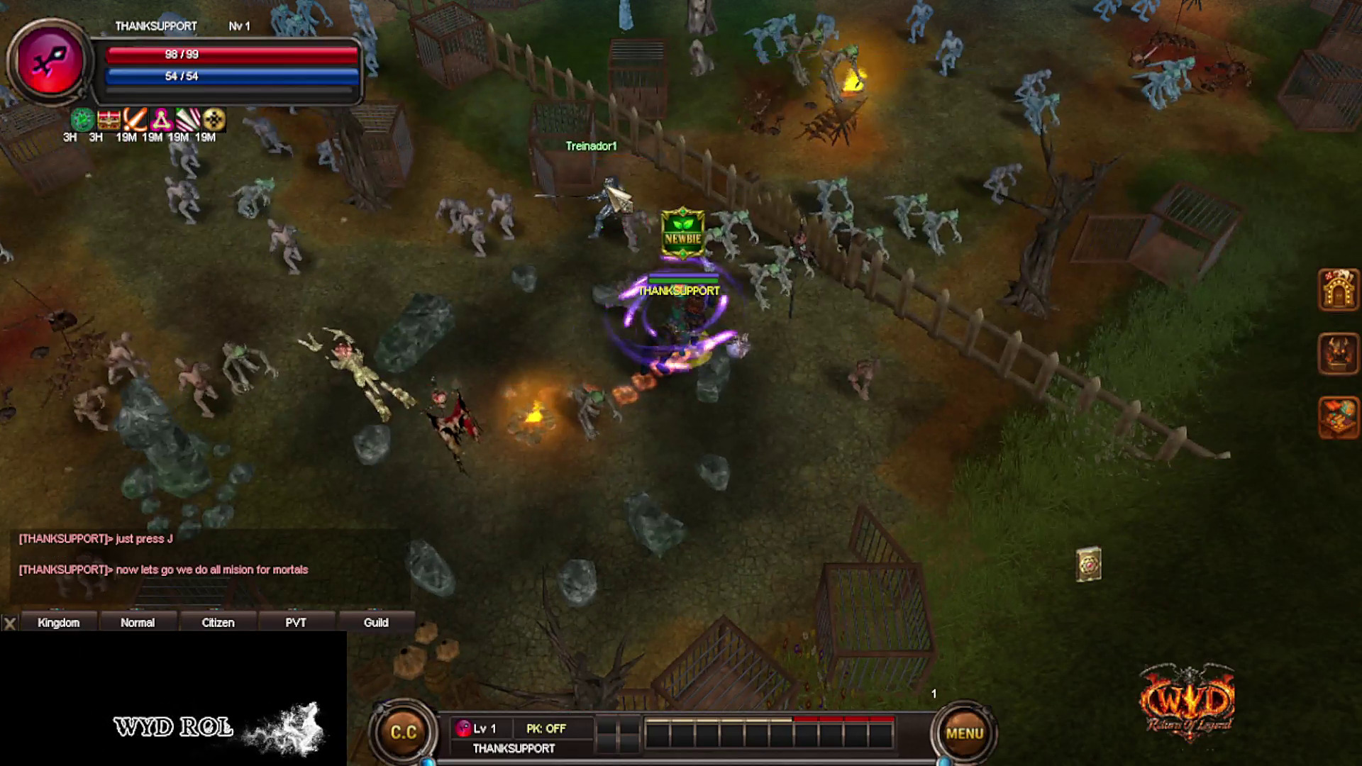 Fighting the camp monsters. Treinador1 is the NPC with the green name.