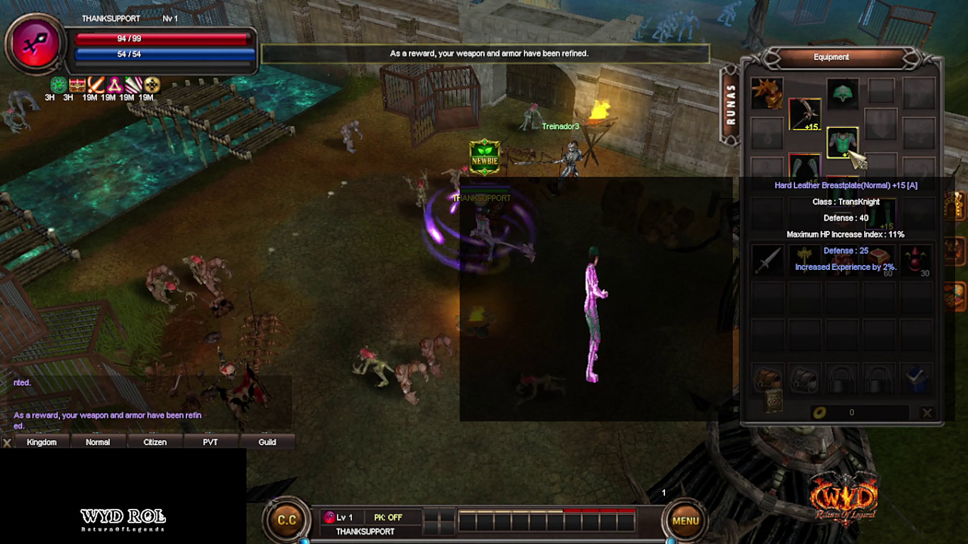 "As a reward, your weapon and armor have been refined." next to Treinador3.