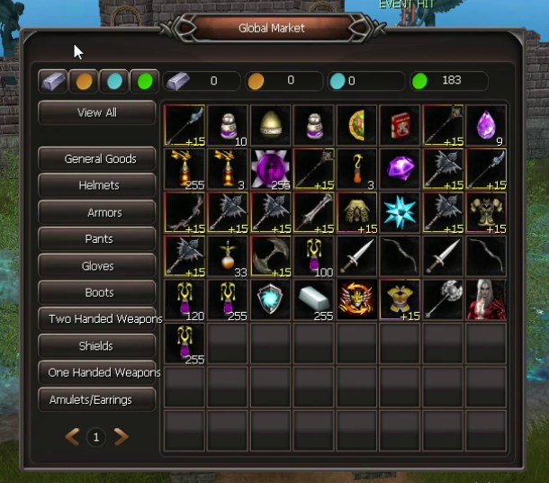 The Global Market: groups on the left, items on the right, your money on top.