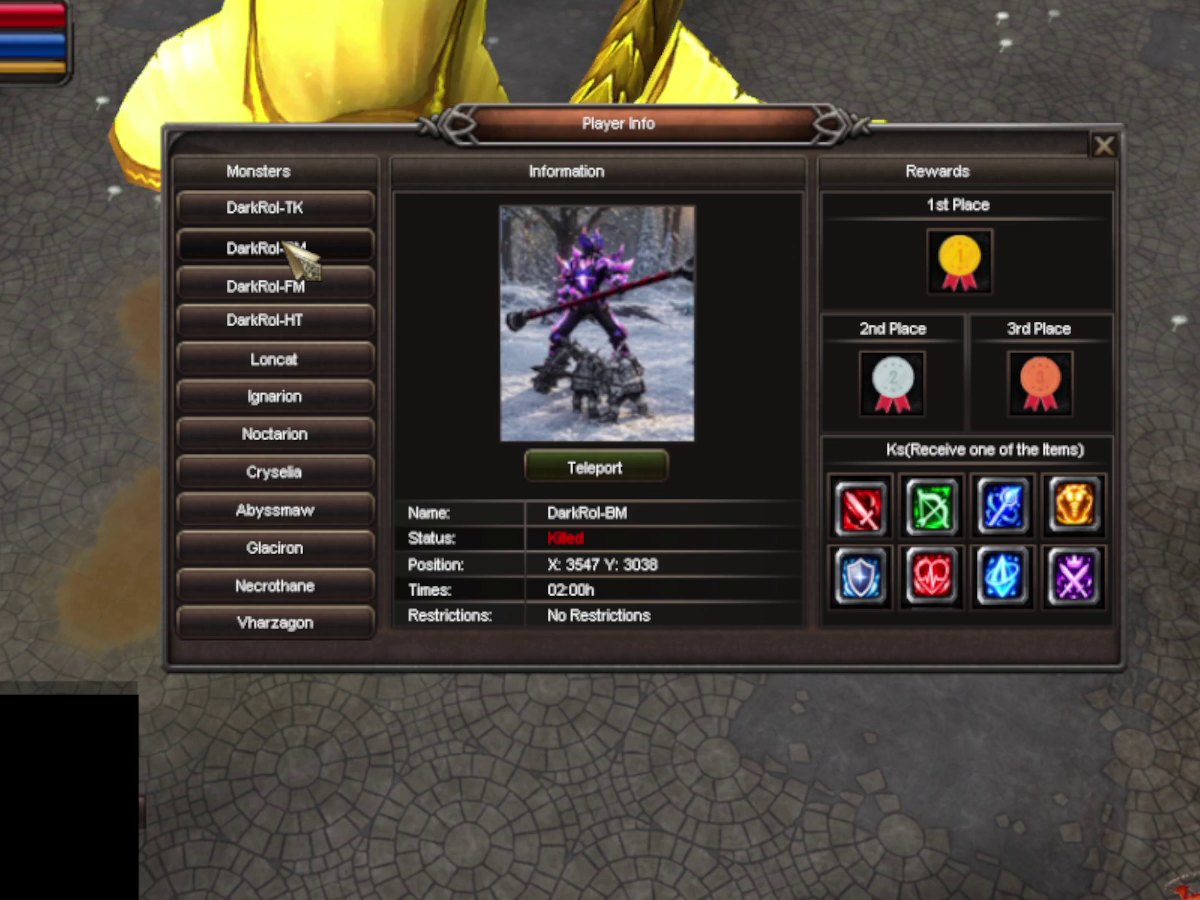 Boss panel: monsters, rewards and teleport